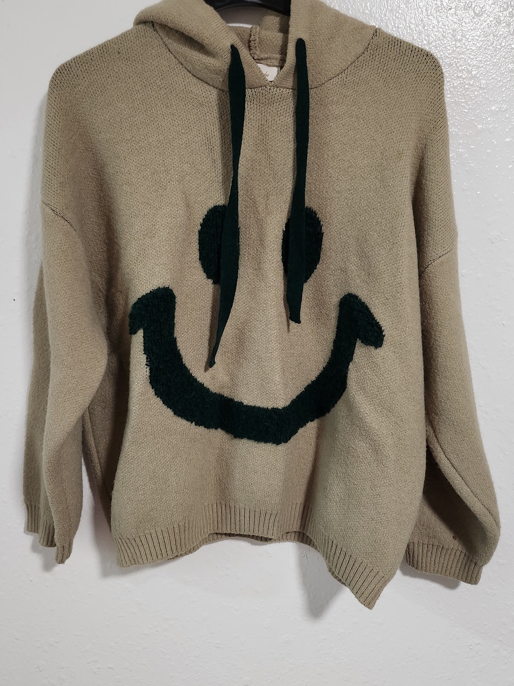 Women's Beige Knit Hoodie Sweater with Dark Green Smiley